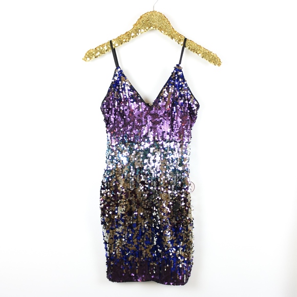 Multicolor Blue Bodycon Sequin Cocktail Dress - Picture 5 of 7
